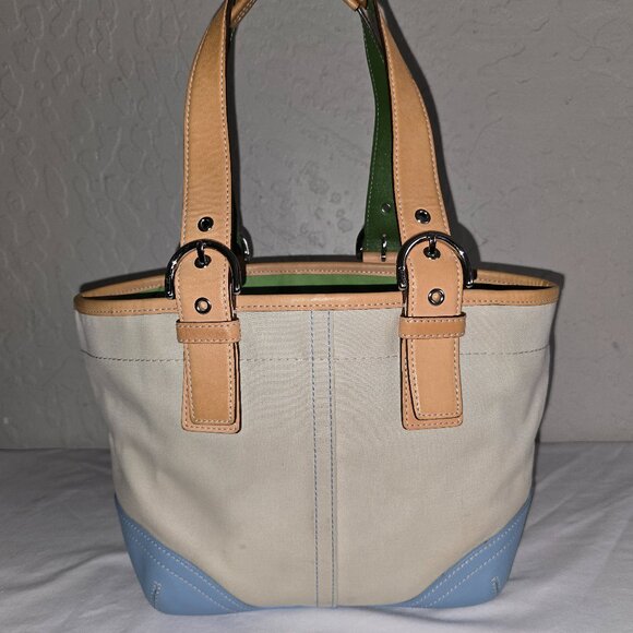 VTG COACH Hamptons Soho Daisy Cabriolet Canvas W/ Blue & Green Leather Tote 4428 - Picture 6 of 15